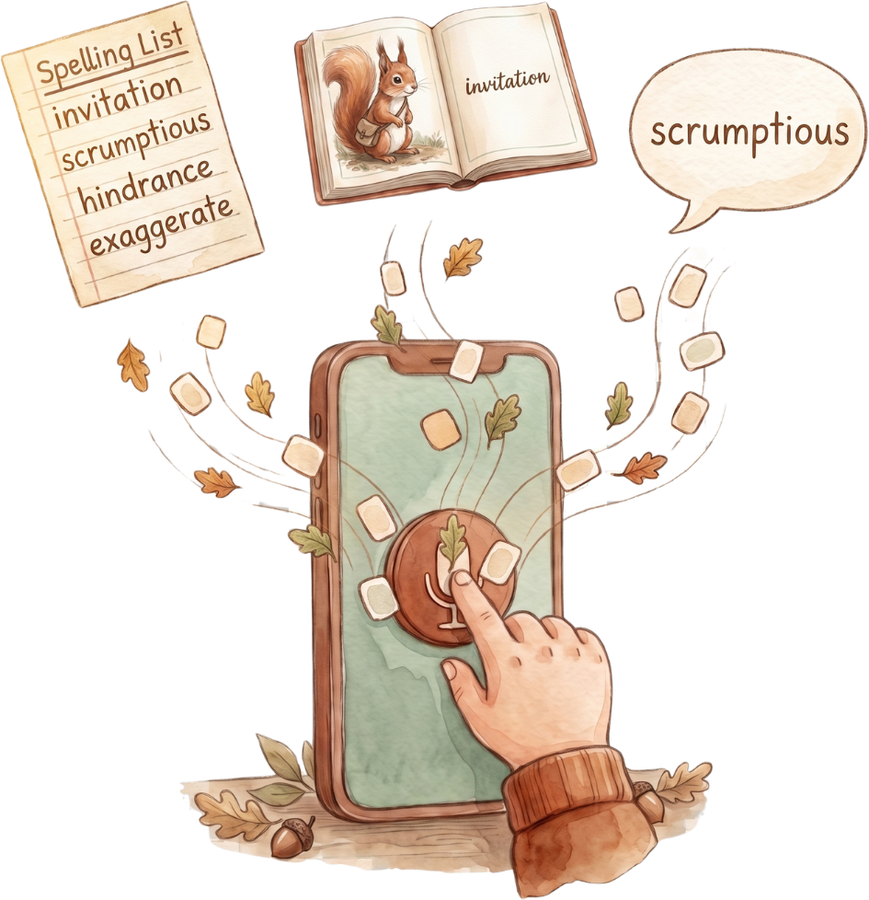 A school spelling list, a storybook and a spoken word flowing into How Do I Spell?